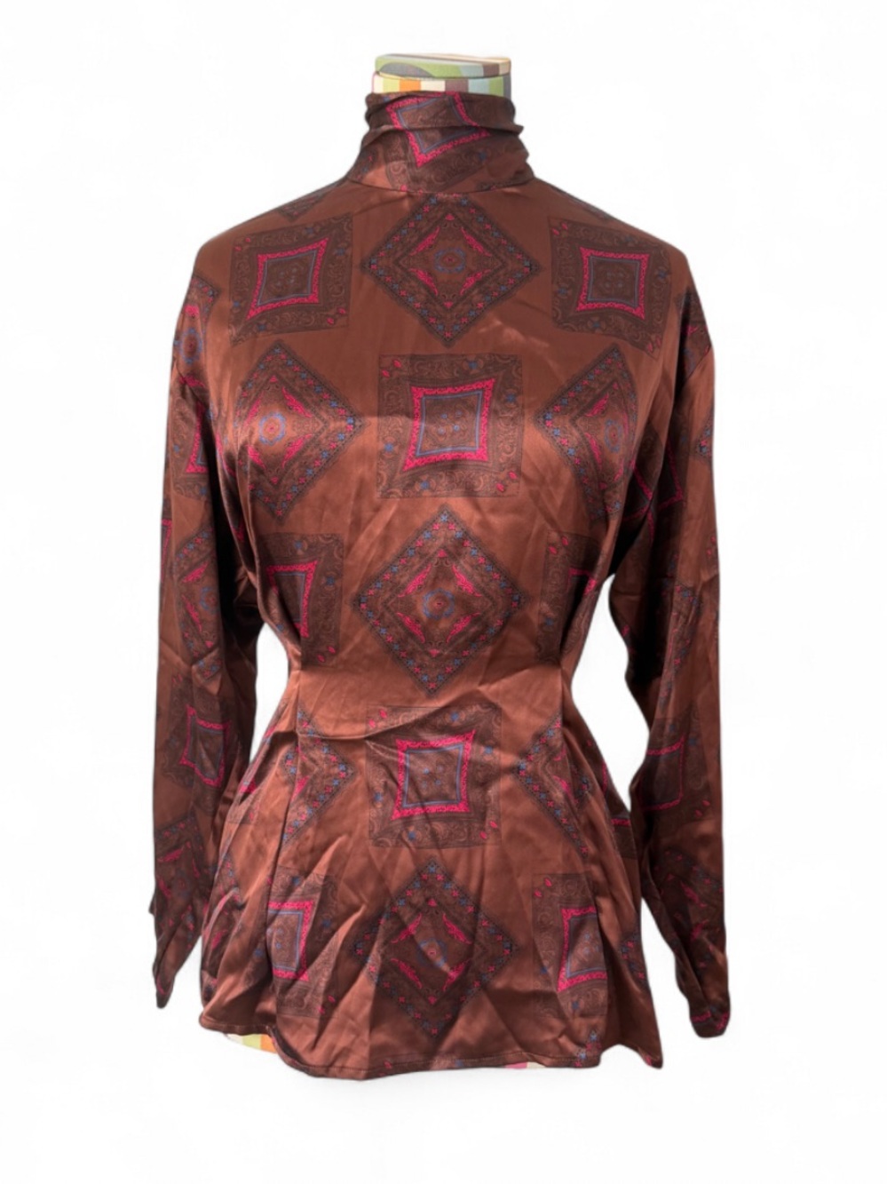 Vintage 100% Silk Turtleneck High Mock Neck Blouse Brown Print Darts